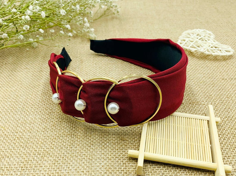 Wine red metal rings Headbands with pearls and satin Handmade for women