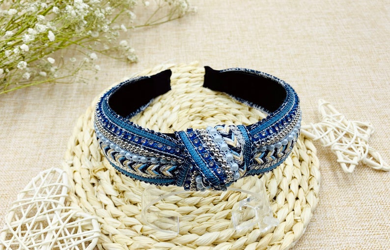 Blue bohemian knot headband with rhinestones Handmade