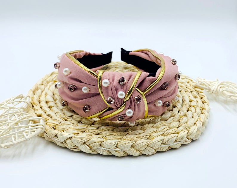 Golden edge knot wide headband with pearls and rhinestones,Pink satin wide knotted Handmade for women