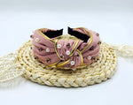 Golden edge knot wide headband with pearls and rhinestones,Pink satin wide knotted Handmade for women