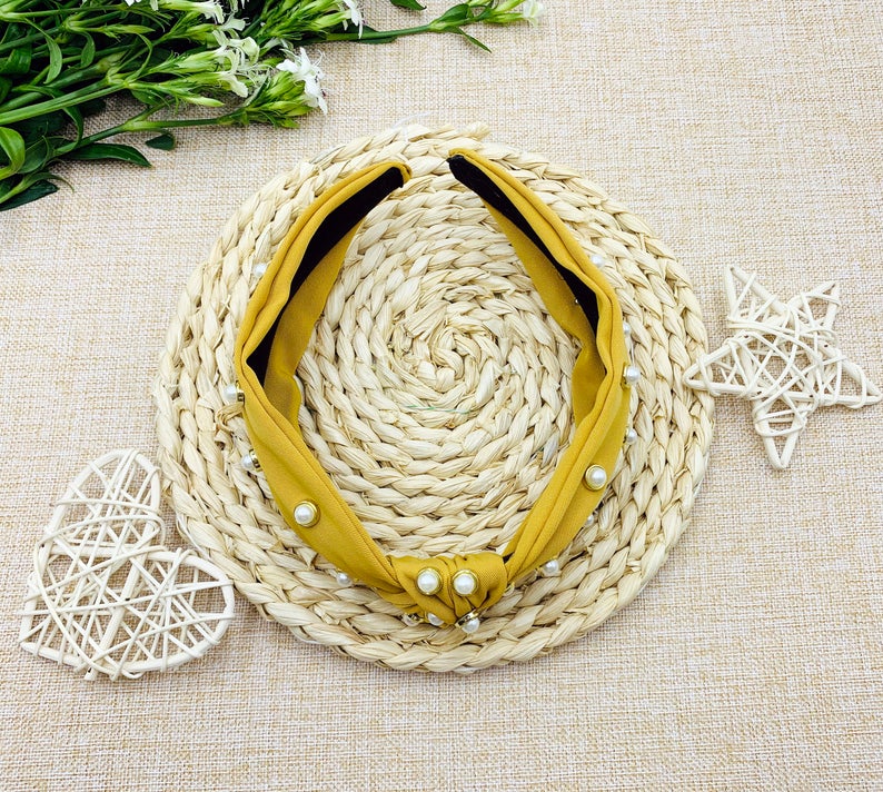 Mustard satin knotted wide headband with pearls,Bead and Boho Handmade for women